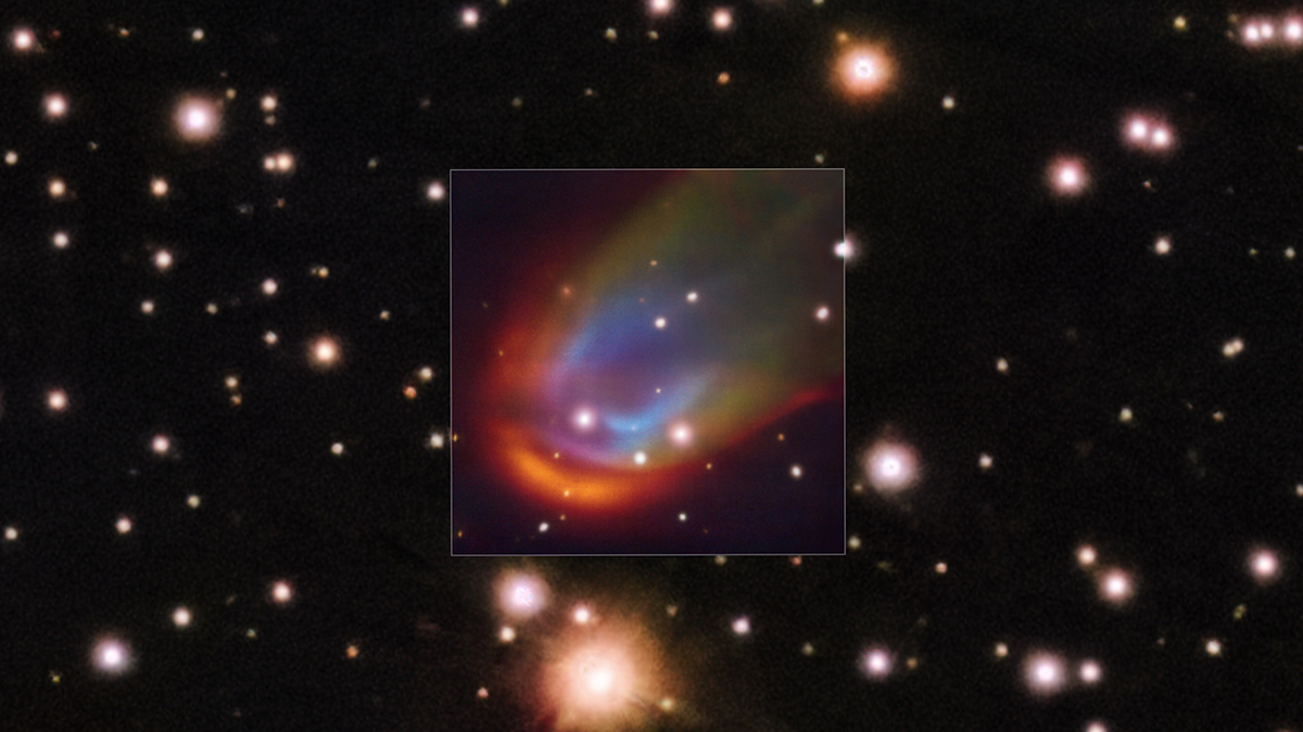 The central square image, taken with the MUSE instrument on ESO’s Very Large Telescope, shows shock waves around the dead star RXJ0528+2838. Credit: ESO/K. Iłkiewicz and S. Scaringi et al. Background: PanSTARRS