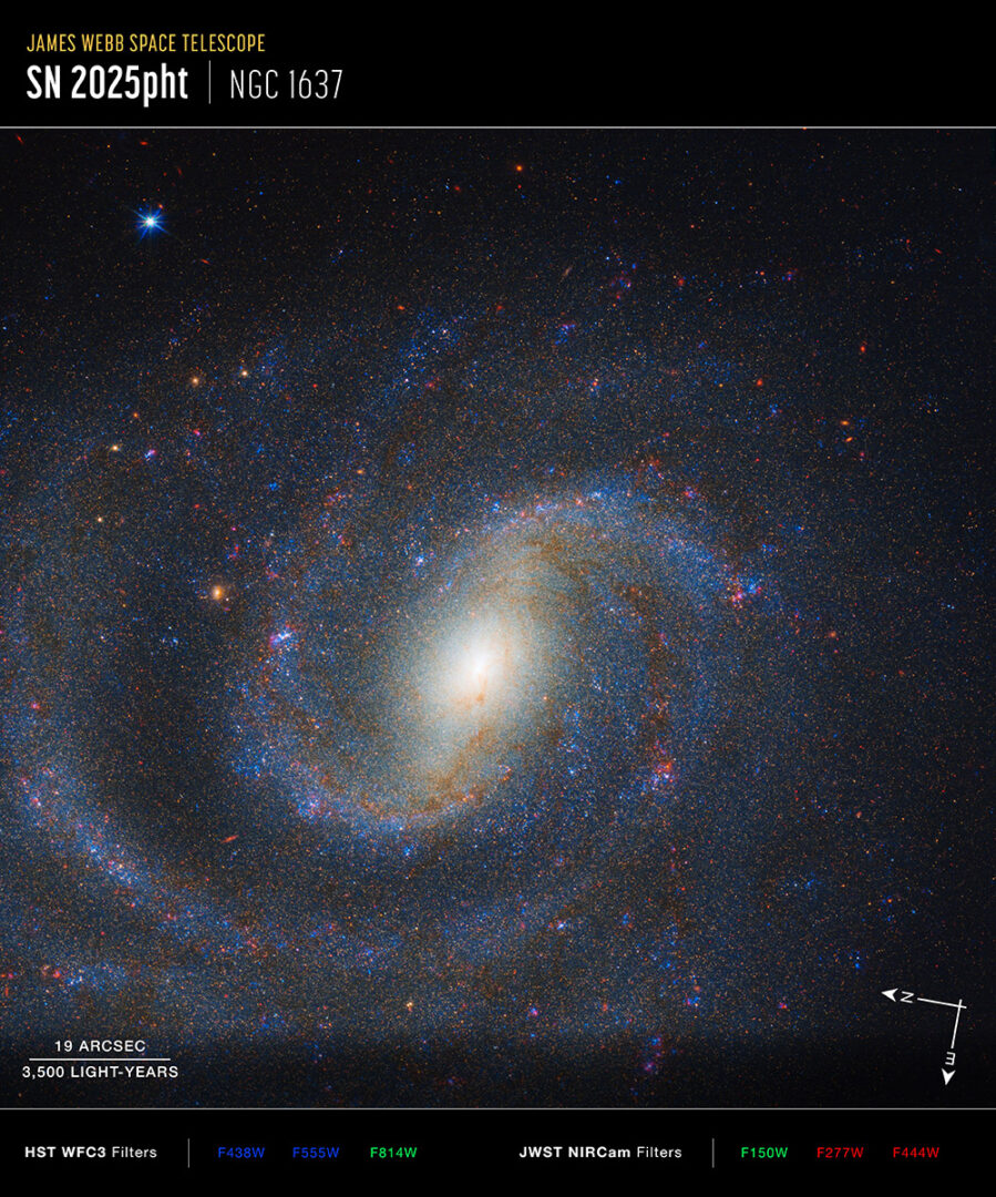 Image of galaxy NGC 1637 captured by Hubble’s WFC3 and JWST's NIRCam, with compass arrows, scale bar, and colour key for reference. Credit: NASA, ESA, CSA, STScI, C. Kilpatrick (Northwestern), A. Suresh (Northwestern); Image Processing: J. DePasquale (STScI)