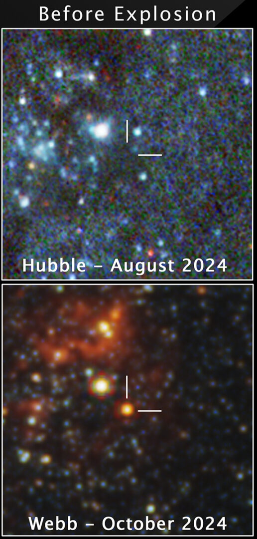 The star is not visible in the Hubble image before the explosion, but appears in the Webb image. Credit: NASA, ESA, CSA, STScI, C. Kilpatrick (Northwestern), A. Suresh (Northwestern); Image Processing: J. DePasquale (STScI)