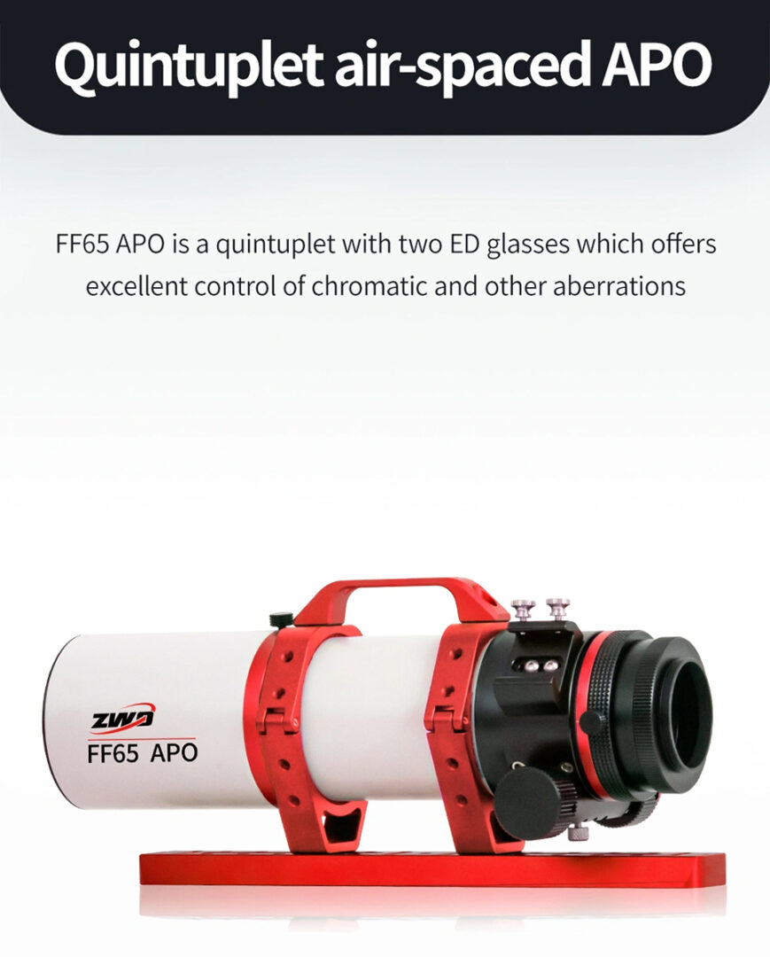 The ZWO FF65 APO refractor features a five-element lens design