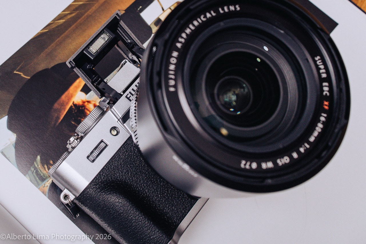 A detailed shot of the Fujifilm X-T30 III's pop-up flash.