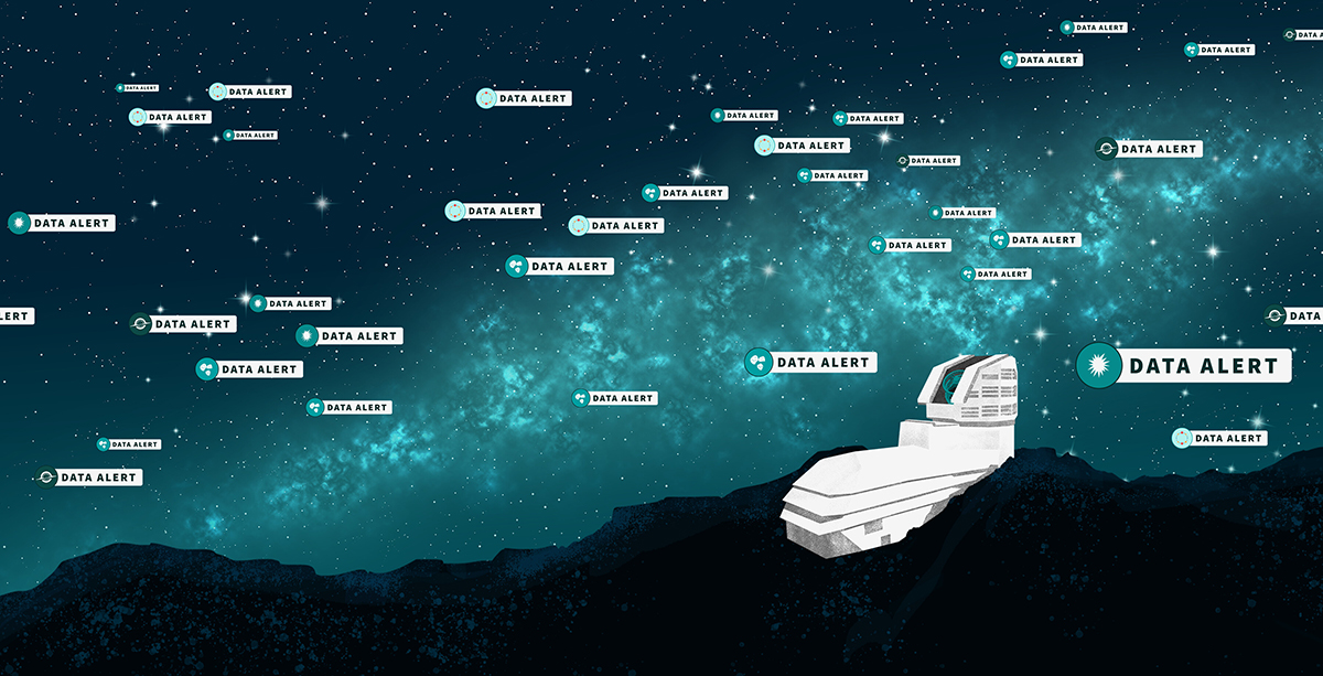 This artist’s illustration represents the start of the alert stream from NSF–DOE Vera C. Rubin Observatory. Credit: NSF–DOE Vera C. Rubin Observatory/NOIRLab/SLAC/AURA/P. Marenfeld/J. Pinto