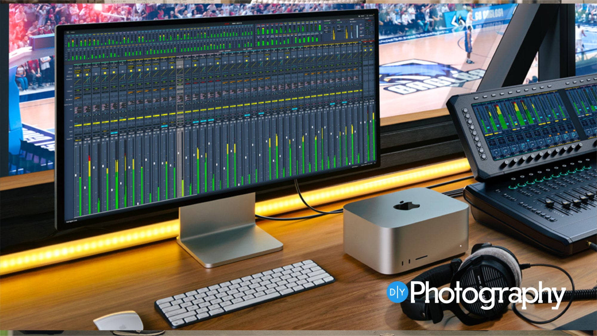 A broadcast workstation featuring Blackmagic Design Fairlight Live software and hardware.