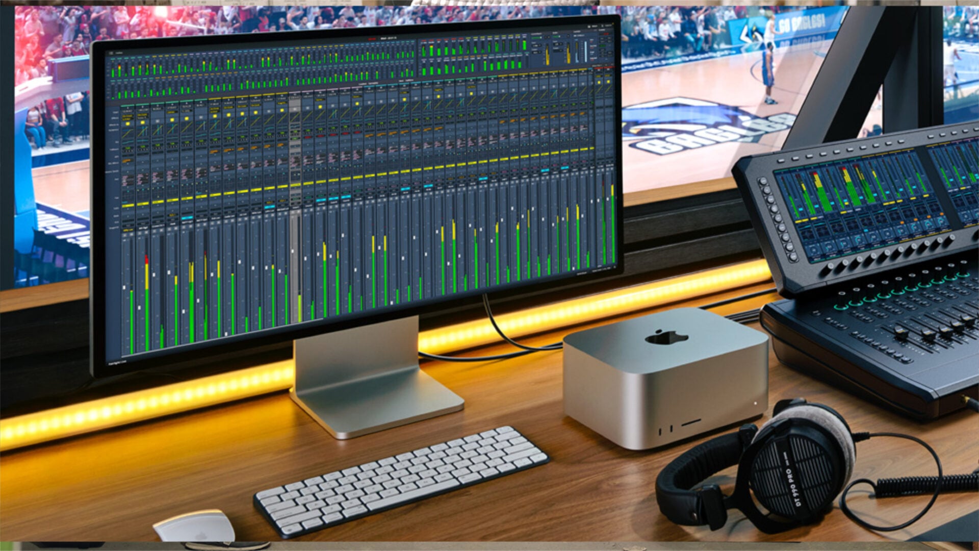 A broadcast workstation featuring Blackmagic Design Fairlight Live software and hardware.