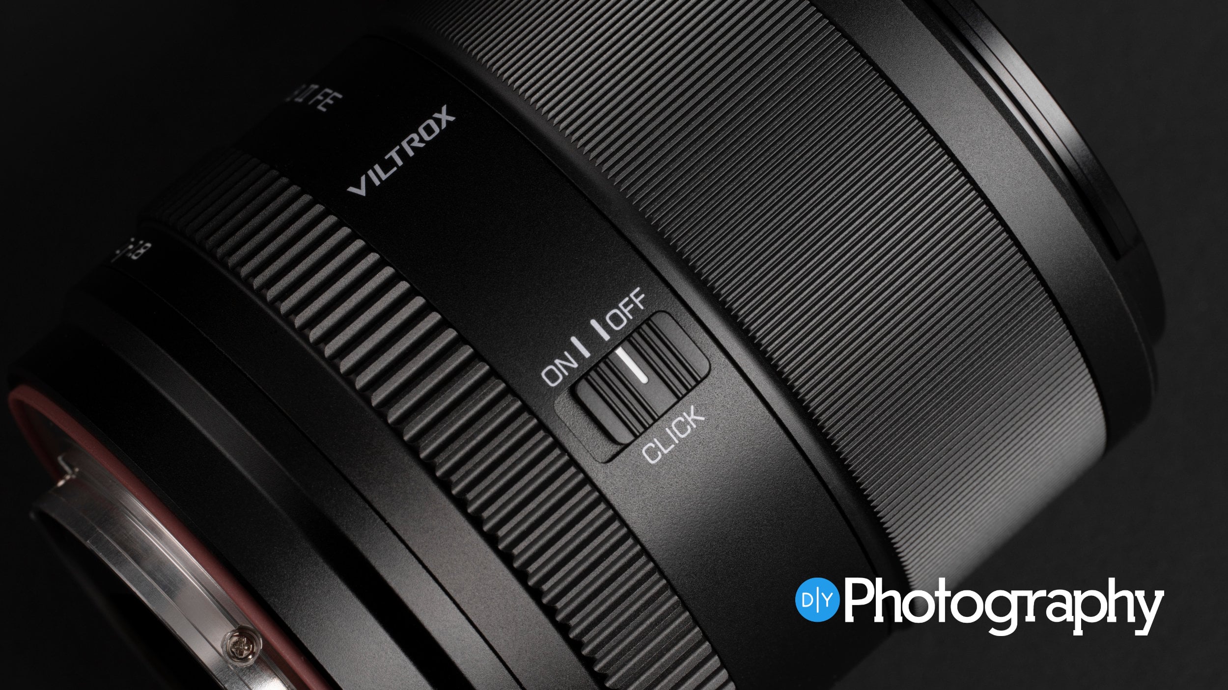Close-up of a Viltrox Lens with an ON/OFF Click Switch