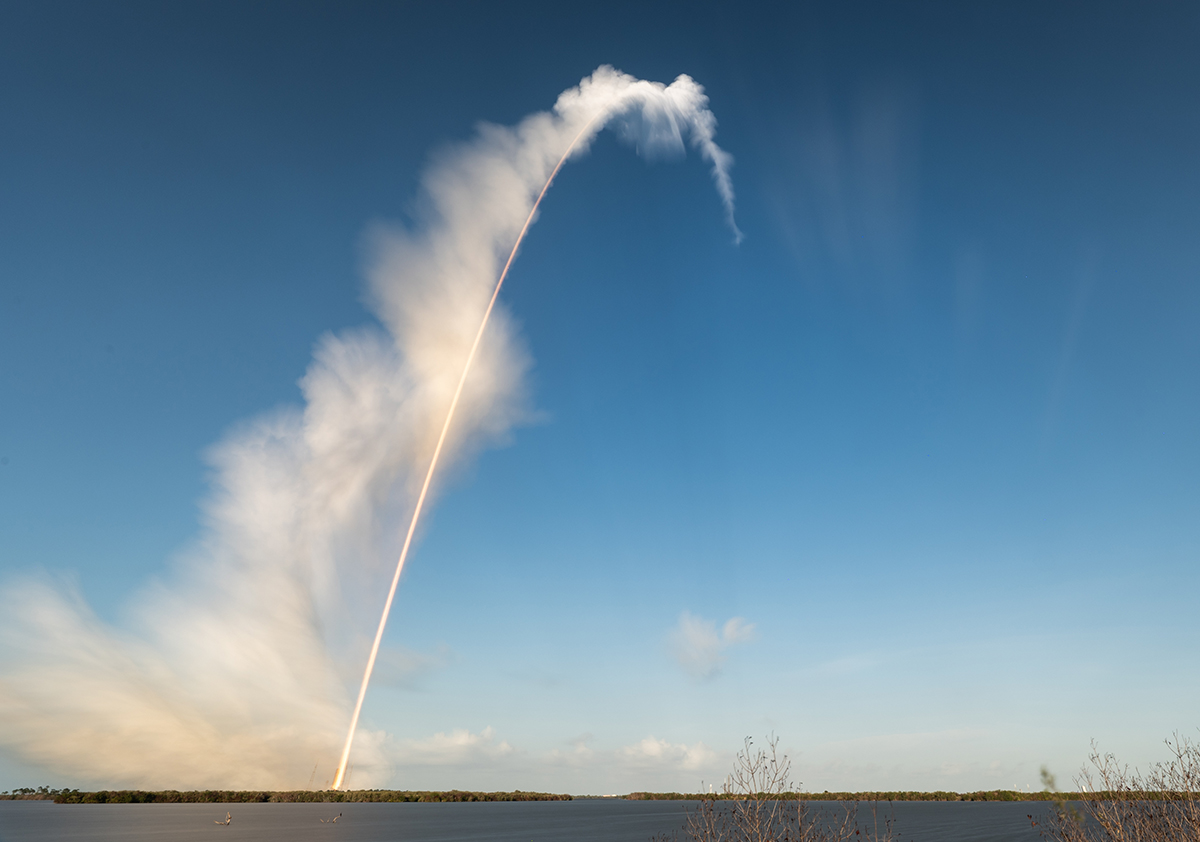 In this three-minute exposure, NASA’s Space Launch System rocket carrying the Orion spacecraft launches on the Artemis II mission. Credit: NASA/Keegan Barber