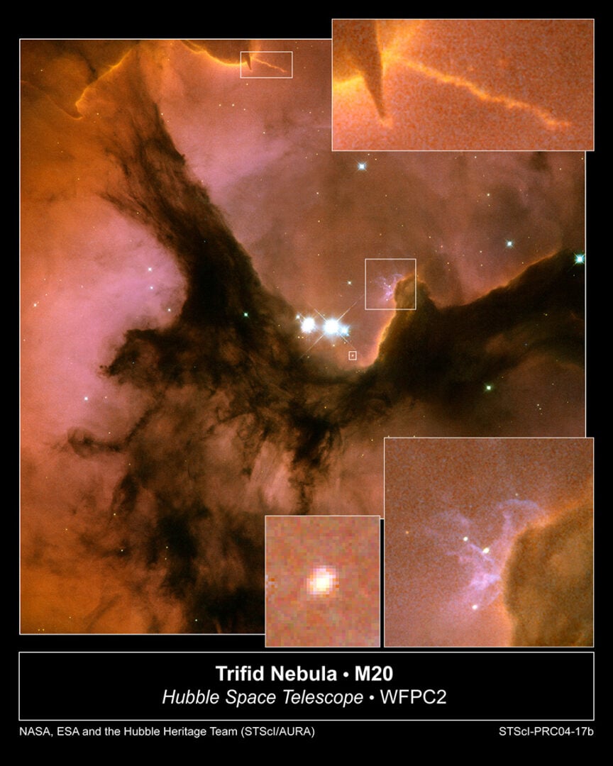 A close-up of the heart of the Trifid Nebula captured by the Hubble Space Telescope in 2004. Credit: NASA, ESA, and The Hubble Heritage Team (AURA/STScI); Acknowledgment: F. Yusef-Zadeh (Northwestern Univ.)