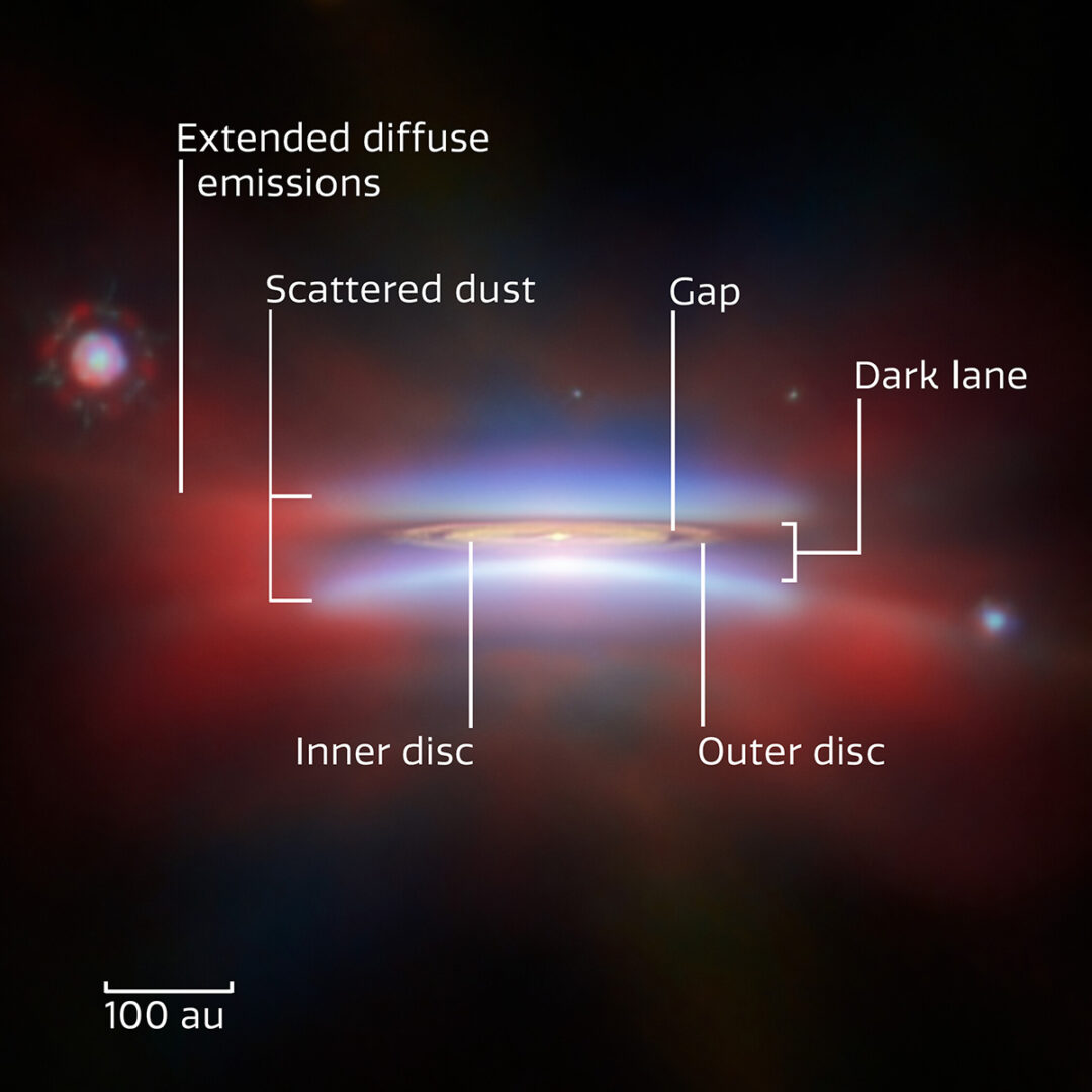 An annotated and close-up of protoplanetary disc Oph 163131. Credit: ESA/Webb, NASA & CSA, ESA/Hubble, ALMA (ESO/NAOJ/NRAO), M. Villenave