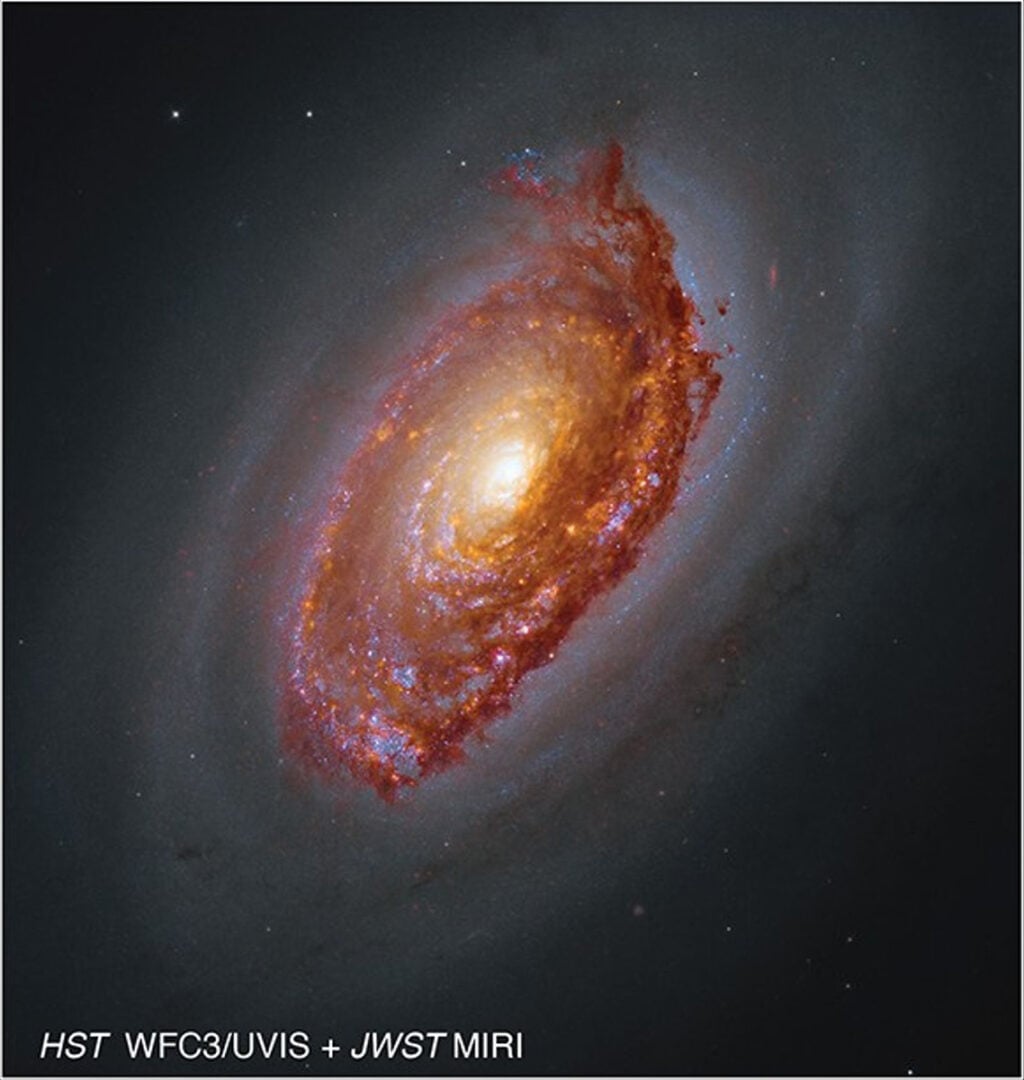 A composite view of Messier 64 from NASA’s Hubble Space Telescope and James Webb Space Telescope. Credit: NASA, CSA, ESA, F. Belfiore (European Southern Observatory – Germany), J. Lee (Space Telescope Science Institute), A. Leroy (The Ohio State University), and D. Thilker (The Johns Hopkins University); Processing: Gladys Kober (NASA/Catholic University of America)