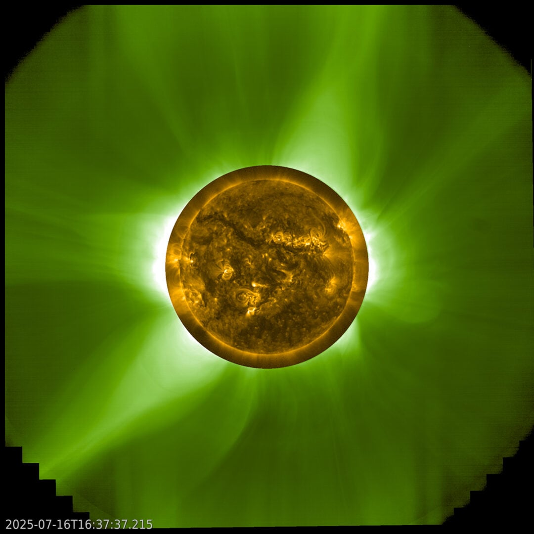 In this Proba-3 image, clear streamers can be seen to the top centre-right and bottom left of the Sun. Credit: ESA/Proba-3/ASPIICS & ESA/Proba-2/SWAP, A. Zhukov (ROB)