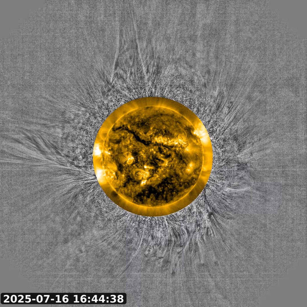 The (artificially coloured) yellow part of the video shows the Sun in ultraviolet light, recorded by the SWAP telescope on ESA's Proba-2 spacecraft. The greyscale area around it is based on data captured in visible light by the ASPIICS coronagraph on Proba-3. Credit: ESA/Proba-3/ASPIICS & ESA/Proba-2/SWAP (ROB), A. Debrabandere (ROB)