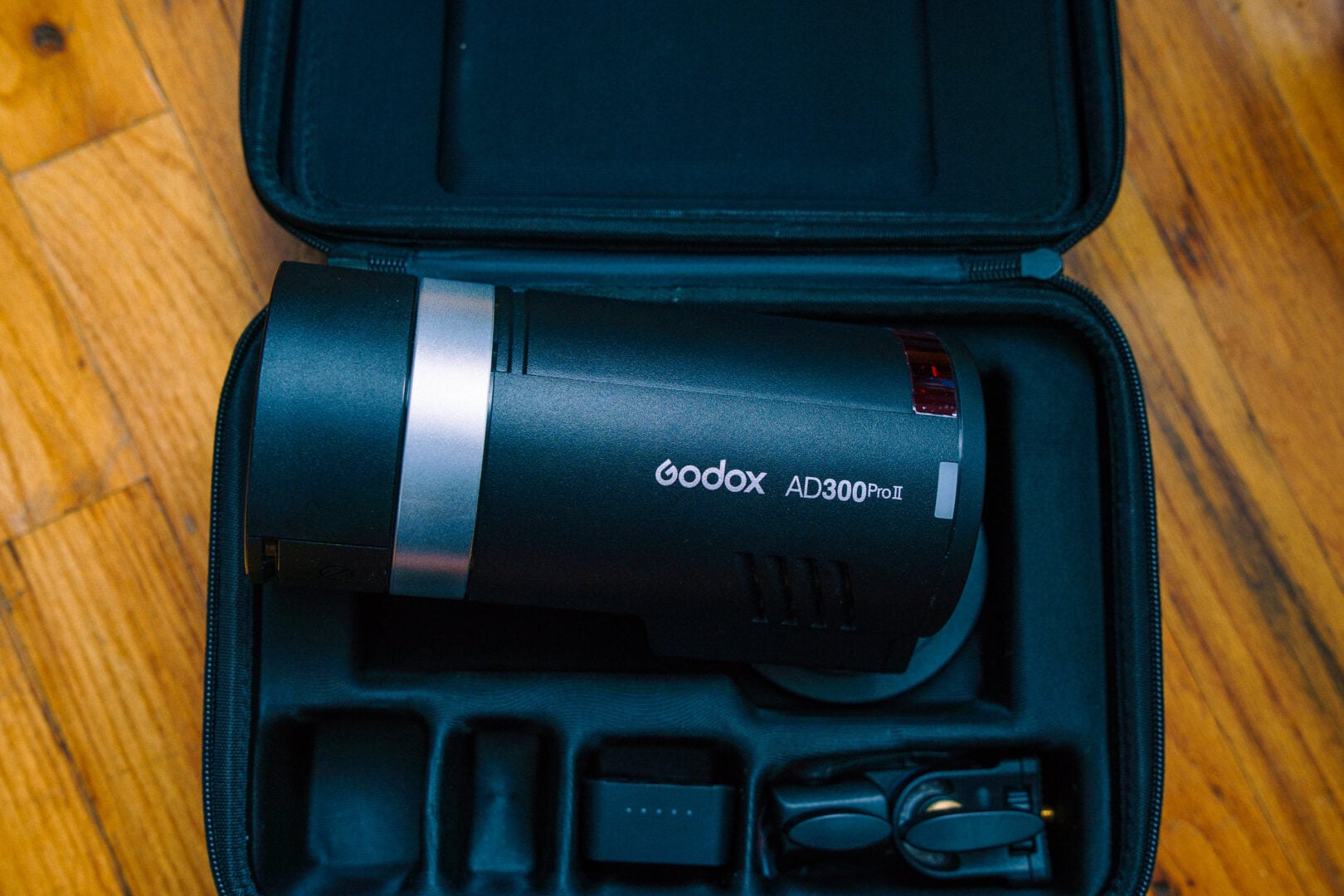 A strobe light in its protective case.