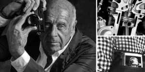 A collage featuring a portrait of Ralph Gibson on the left, a crop of Gibson's BMW Showroom, and a cropped image from Gibson's Light Years series.
