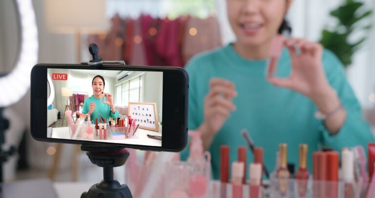 Asia woman micro influencer record live viral video camera at home studio. Happy fun talk speak advice review hobby in media. Vlogger selfie shoot enjoy work show smile teach like share app. youtube likeness detection
