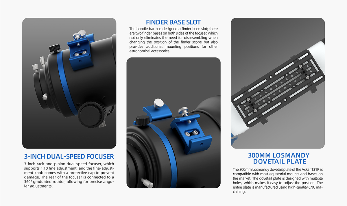 It includes a 3-inch rack-and-pinion focuser