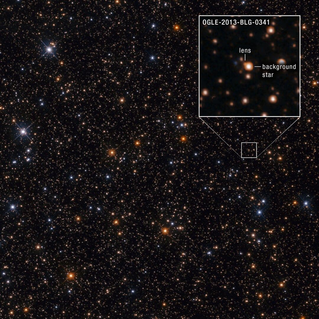 A follow-up observation by NASA's Hubble Space Telescope shows a field containing a microlensing event that was captured by the Optical Gravitational Lensing Experiment (OGLE) in 2013. Credit: NASA, ESA, Sean Terry (UMD), Jay Anderson (STScI); Image Processing: Alyssa Pagan (STScI)