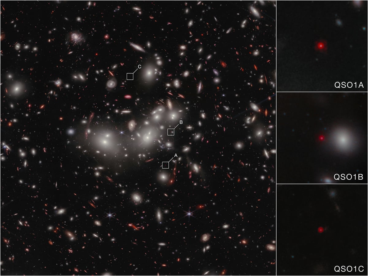 An image from NIRCam on NASA’s James Webb Space Telescope shows Little Red Dot Abell2744-QSO1, magnified and triply imaged by galaxy cluster Abell 2744 (Pandora’s Cluster). Credit: NASA, ESA, CSA, Lukas Furtak (Ben-Gurion University); Image Processing: Alyssa Pagan (STScI)