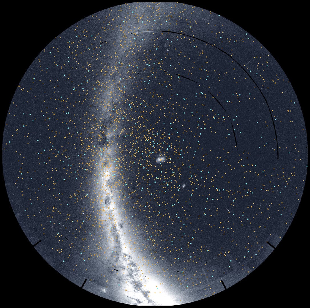 This view captures the southern sky as seen by TESS. Credit:  NASA/MIT/TESS and Veselin Kostov (University of Maryland College Park)