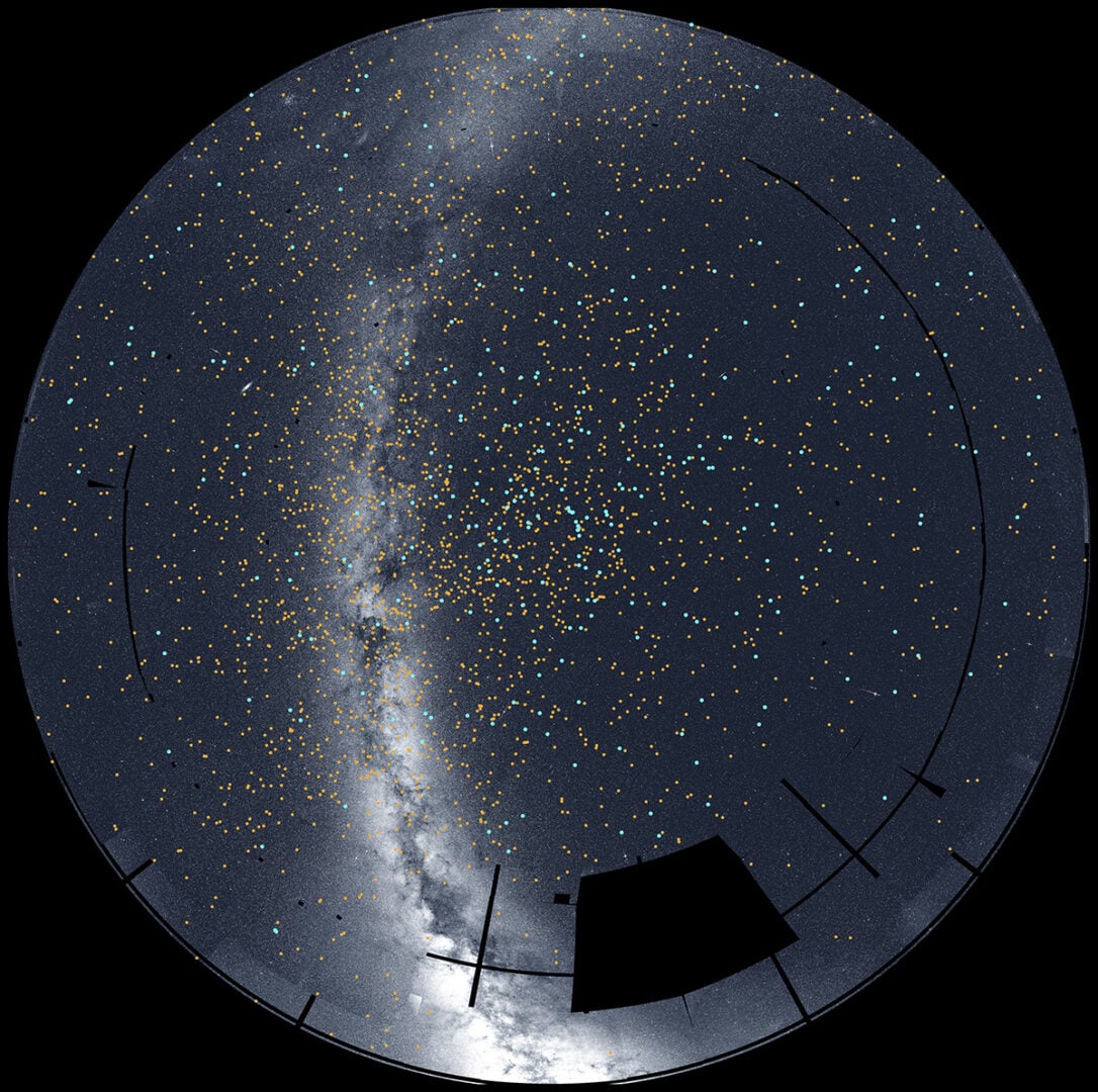 This view captures the northern sky as seen by TESS. Black areas within the map indicate regions TESS has not yet imaged. Credit:  NASA/MIT/TESS and Veselin Kostov (University of Maryland College Park)