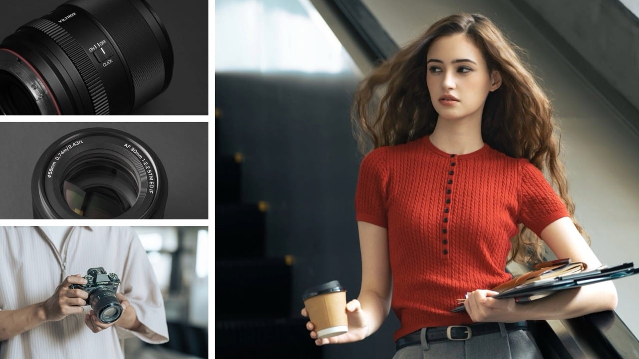 A collage featuring a sample image of a female model, a closeup of the AF75mm F1.8 EVO, a closeup of the AF 90mm F2.2 EVO, and a product image of the AF 90mm on a Fujifilm Camera.