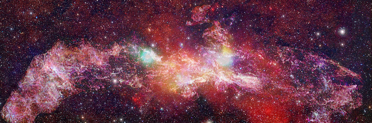 This spectacular mosaic of Chandra images reveals hundreds of white dwarf stars, neutron stars, and black holes bathed in an incandescent fog of 10 million degrees Celsius gas. A supermassive black hole residing at the center of our Galaxy is located inside the bright white patch near the middle of the mosaic. Credit: X-ray: NASA/CXC/UMass/D. Wang et al.; Radio: ALMA (ESO/NAOJ/NRAO)/S. Longmore et al.; Background: ESO/D. Minniti et al.