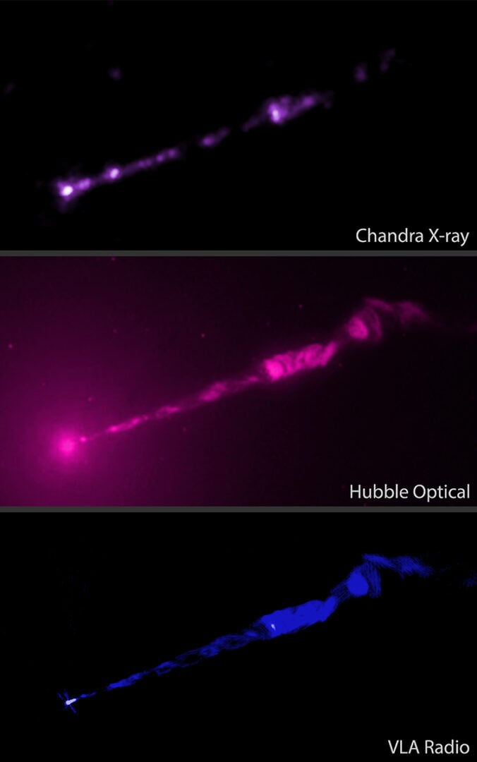 X-Ray, Optical, and Radio images of the jet. Credit:  X-ray: NASA/CXC/Univ. Laval/C. Poitras et al.; Radio:NSF/NRAO/VLA; Optical: NASA/ESA/STScI; Image Processing: NASA/CXC/SAO/L. Frattare