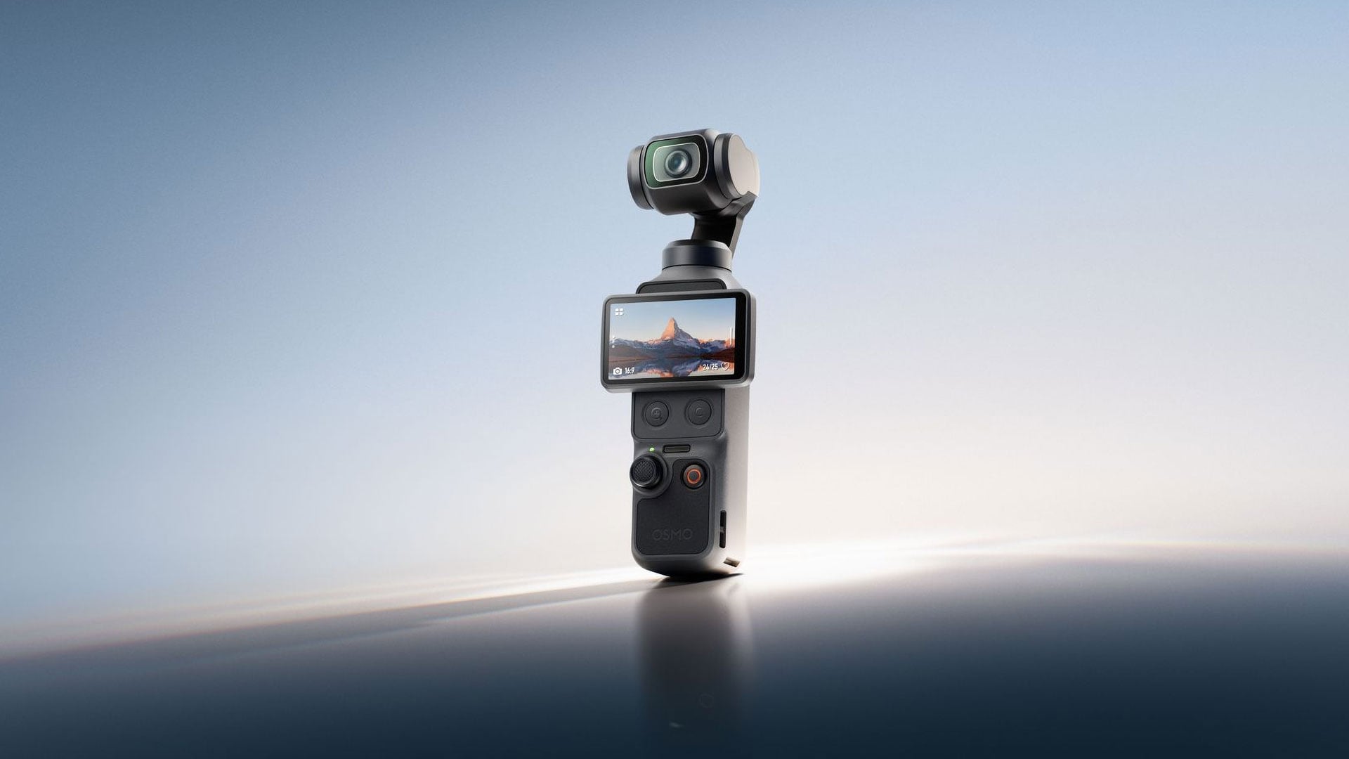 DJI Osmo Pocket 4 compact gimbal stabilizer with built-in touchscreen showing landscape preview, 4K 120fps video recording badge, wireless microphone on mini tripod, and detached camera module on gray surface demonstrating vlogging setup
