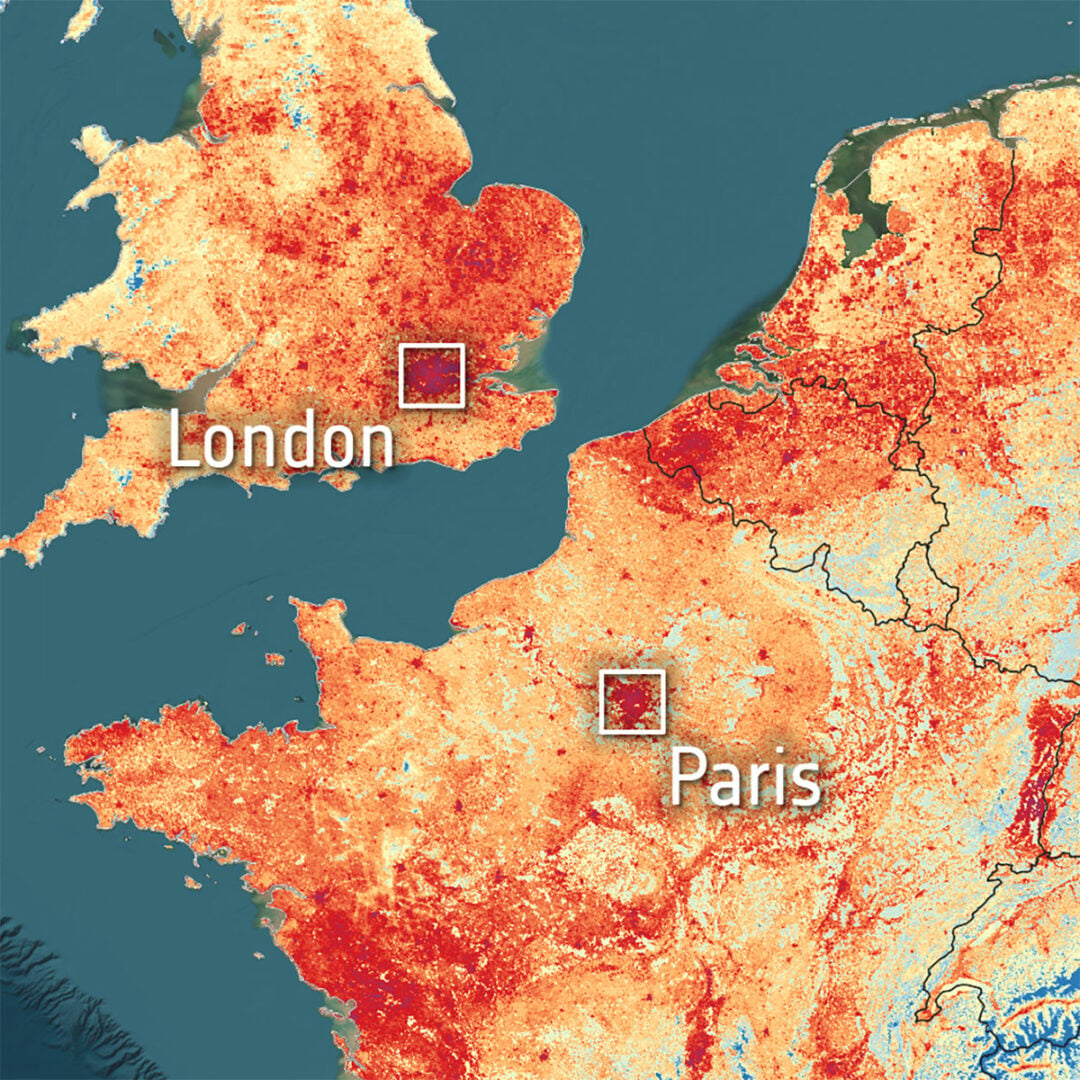 A close-up of London and Paris. Credit: Copernicus Sentinel data (2026), processed by ESA