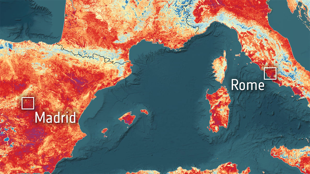 A close-up of Madrid and Rome. Credit: Copernicus Sentinel data (2026), processed by ESA