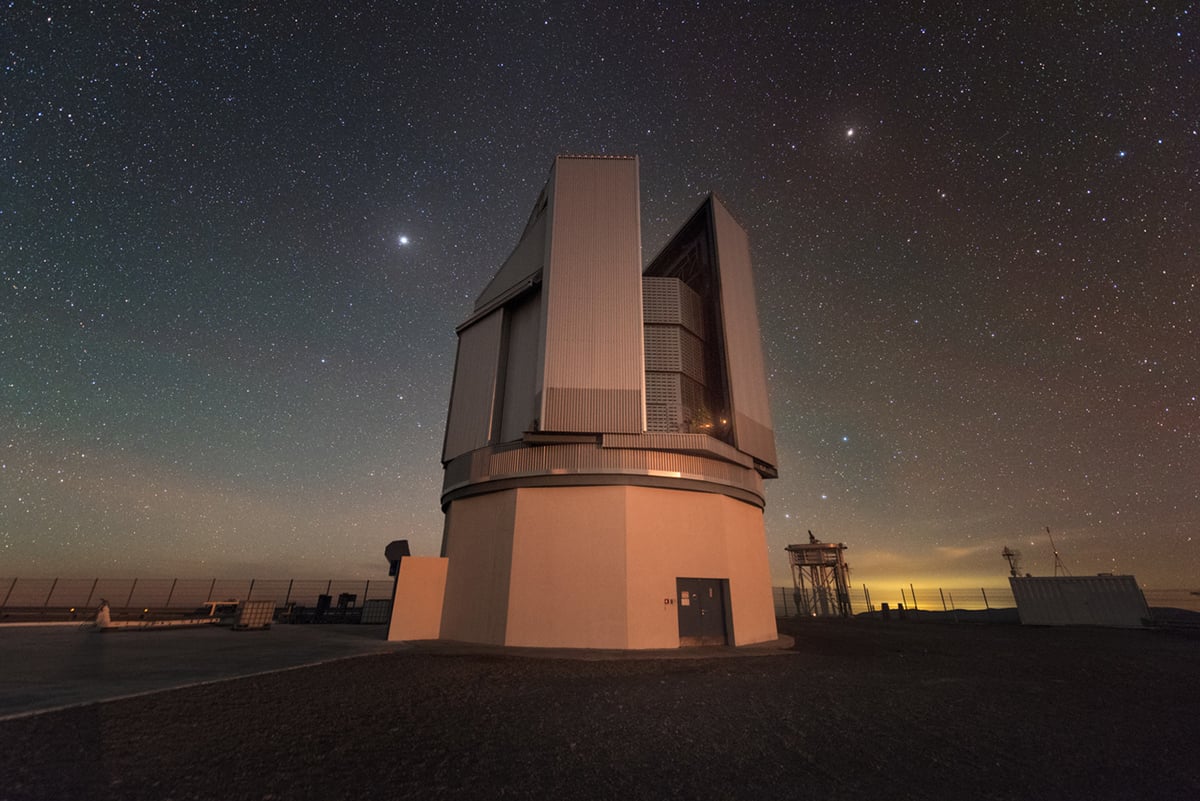 Part of ESO's Paranal Observatory, the VLT Survey Telescope (VST) observes the brilliantly clear skies above the Atacama desert of Chile. It is the largest telescope in the world, surveying the sky in visible light. Credit: ESO/Y. Beletsky