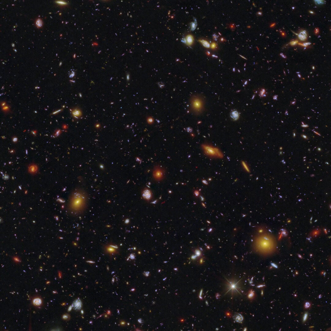 This galaxy field contains the oddball galaxy MXDFz4.4 that existed only 1.4 billion years after the Big Bang. Credit: NASA, ESA, STScI, I. Goovaerts, M. Rafelski, A. Koekemoer (STScI). Image Processing: A. Pagan (STScI)