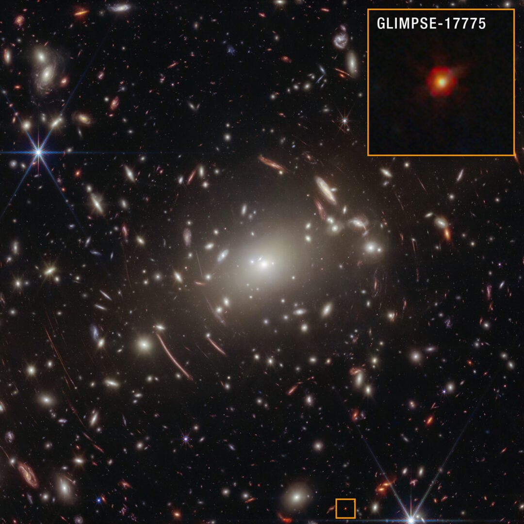 The little red dot that would come to be known as GLIMPSE-17775 was fortunately included in the James Webb Space Telescope’s field of view as it was observing galaxy cluster Abell S1063 for a different scientific purpose. GLIMPSE-17775 is located behind the galaxy cluster and has a cosmological redshift of 3.5, meaning it existed about 1.8 billion years after the Big Bang. Credit: NASA, ESA, CSA, V. Kokorev (University of Texas at Austin), A. Pagan (STScI)