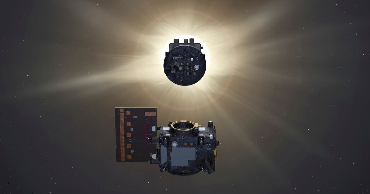 Artist's representation of the Proba-3 mission, with two spacecraft flying about 150 m apart to form an external coronagraph, one eclipsing the Sun so the other can study the solar corona. Credit: ESA/P. Carril