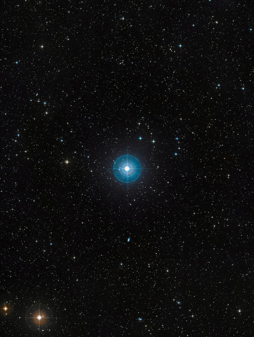 Beta Pictoris is located about 60 light-years away towards the constellation of Pictor and is one of the best-known examples of a star surrounded by a dusty debris disc. Credit: ESO/Digitized Sky Survey 2