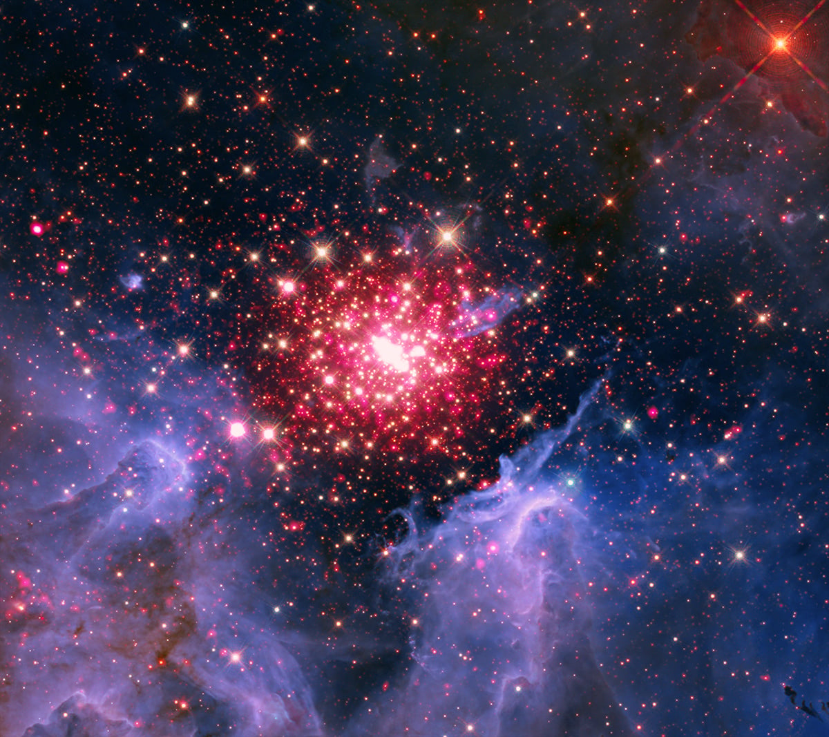 Composite image of NGC 3603. Credit: X-ray: NASA/CXC/SAO; Optical/IR/UV (Hubble): NASA/ESA/CSA/STScI/AURA; Image Processing: NASA/CXC/SAO/L. Frattare and K. Arcand