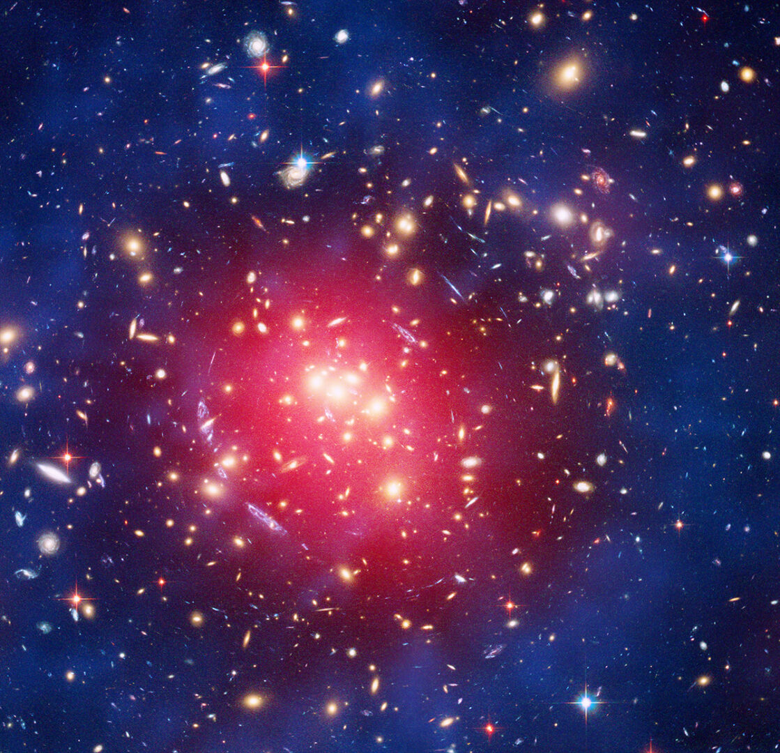 Composite image of ZwCl 0024+1652 by Hubble and Chandra. Credit: X-ray: NASA/CXC/SAO; Optical and Dark Matter: NASA/ESA/M.J. Jee; Image Processing: NASA/CXC/SAO/L. Frattare