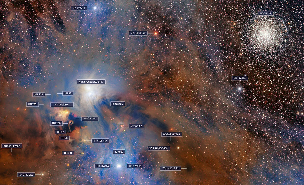 Annotation of the deep sky objects and stars in the DECam image of Corona Australis Molecular Cloud. Dark Energy Survey/DOE/FNAL/DECam/CTIO/NOIRLab/NSF/AURA; Image processing: R. Colombari & M. Zamani (NSF NOIRLab)