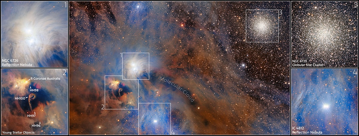 Close-up of some of the notable and popular deep sky objects present in the frame. Credit: Dark Energy Survey/DOE/FNAL/DECam/CTIO/NOIRLab/NSF/AURA; Image processing: R. Colombari & M. Zamani (NSF NOIRLab)