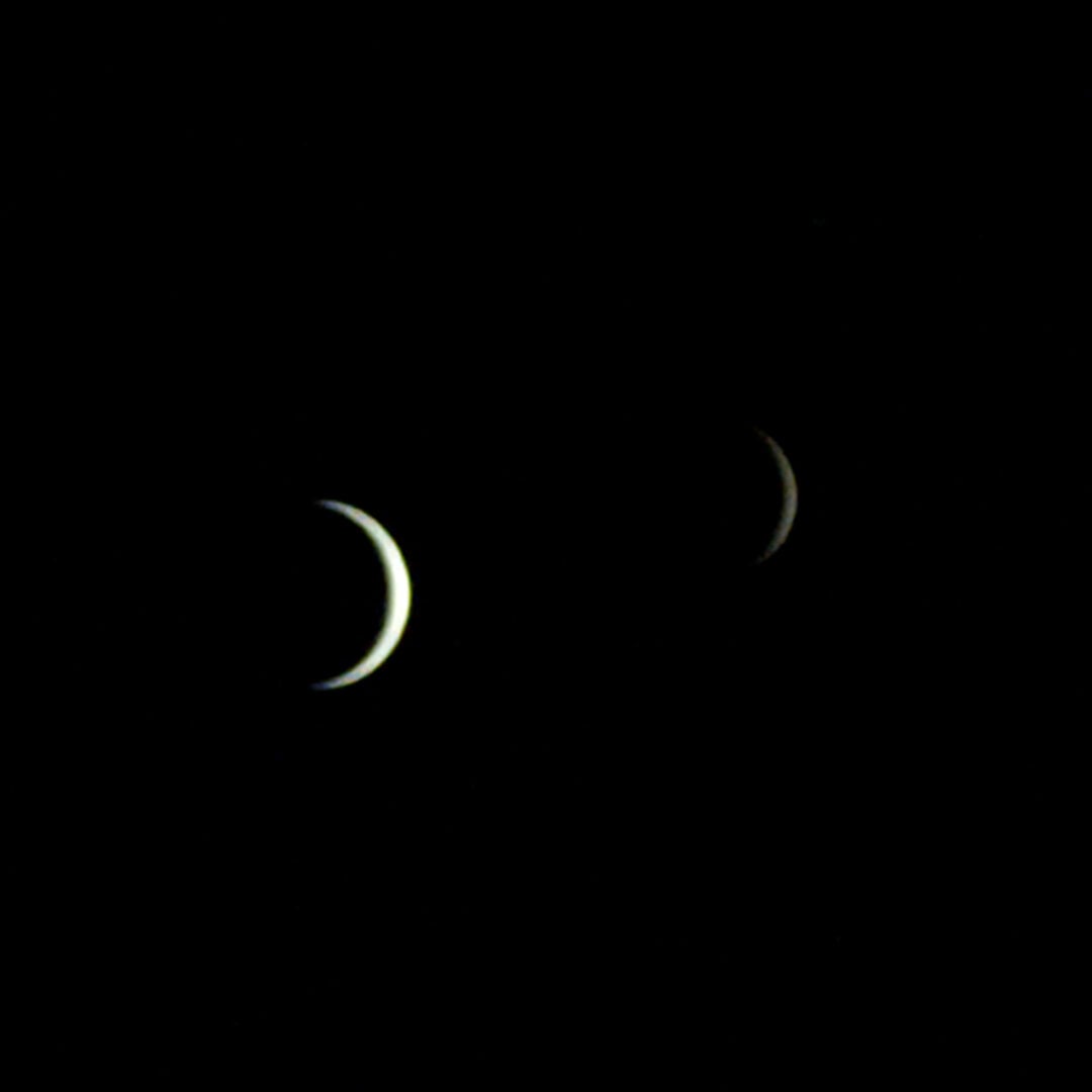 The visible-light image of Earth (left) and the Moon (right) captured by ESCAPADE. Credit: NASA/UCB-SSL/NAU-Radiant/Lucint