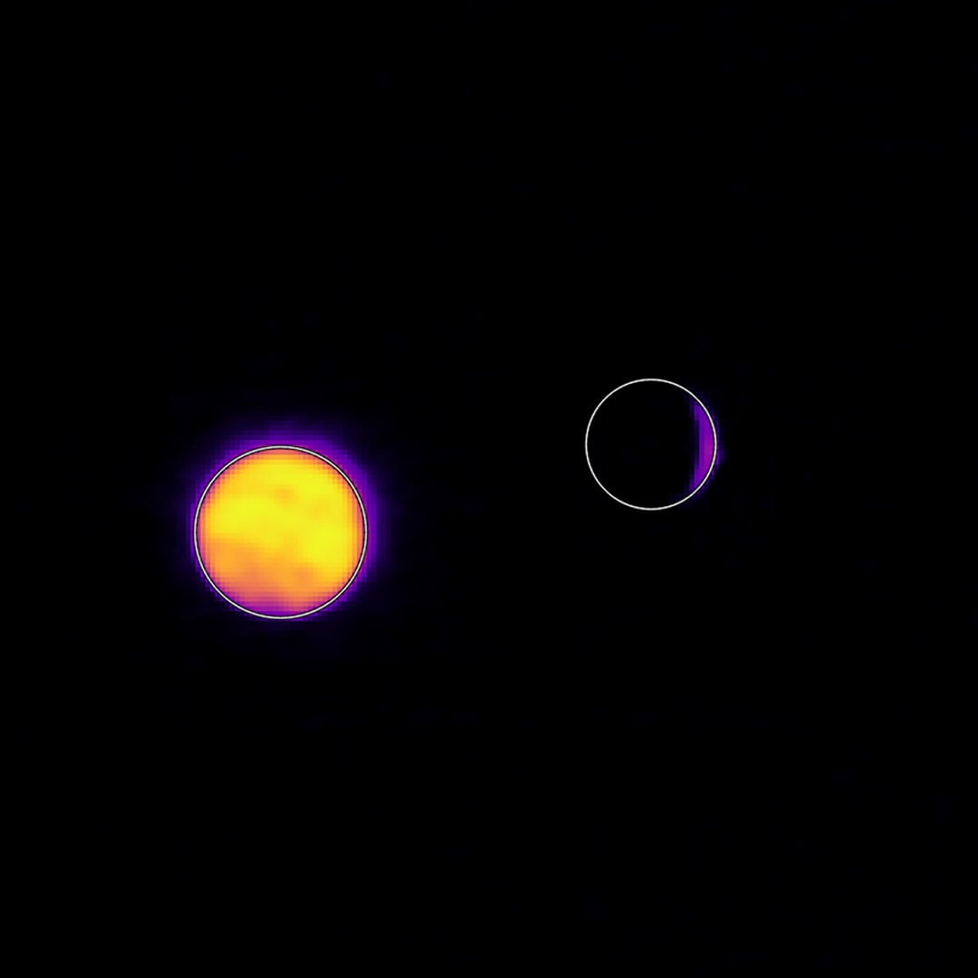 The infrared image of Earth (left) and the Moon (right) captured by ESCAPADE. Credit: NASA/UCB-SSL/NAU-Radiant/Lucint