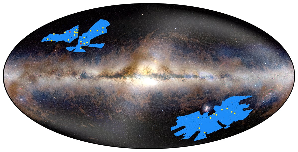 This graphic shows the location of the 31 newly discovered quasars (yellow dots). The farthest quasar is the one on the right and is named EUCL J172902.75+641018.1 (redshift of 7.77), and the second-farthest (the red dot on the left) is named EUCL J125308.55+705432.3 (redshift of 7.69). Credit: ESA/Euclid/Euclid Consortium/NASA/Planck Collaboration/A. Mellinger; Acknowledgment: Jean-Charles Cuillandre, João Dinis)