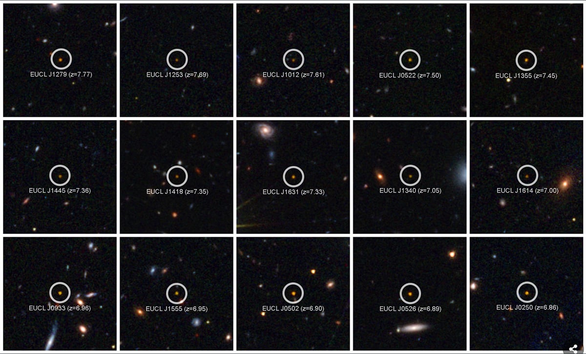 An annotated image of the quasars circled in white, along with their redshift. Credit: ESA/Euclid/Euclid Consortium/NASA, image processing by the Euclid Science Ground Segment and Antoine Basset (CNES)