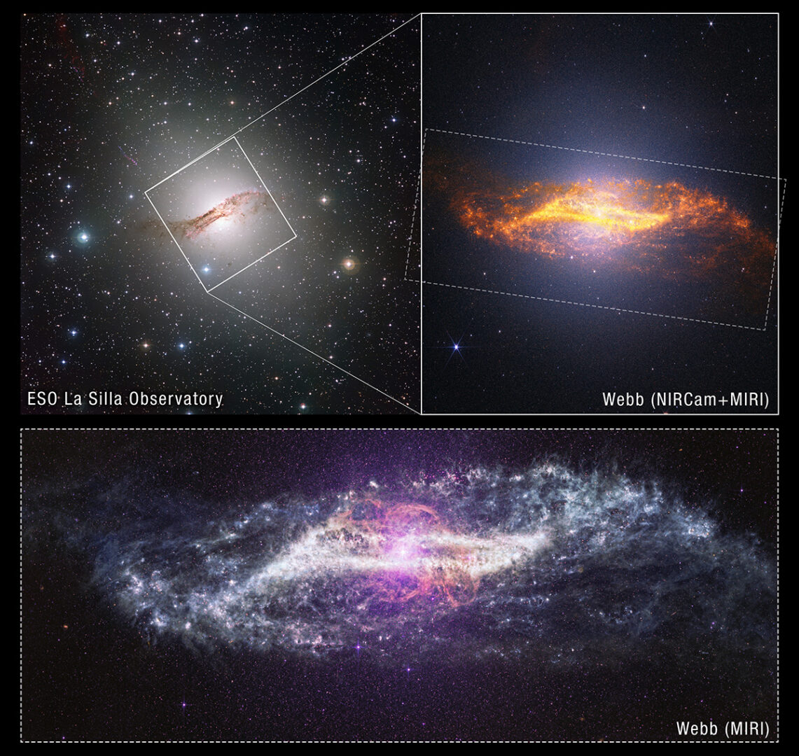This ground-based image of nearby galaxy Centaurus A from the European Southern Observatory (top left) puts the near-infrared and mid-infrared views from the James Webb Space Telescope image into context. Credit: ESO, NASA, ESA, CSA, STScI, ESO; Image Processing: A. Pagan (STScI)
