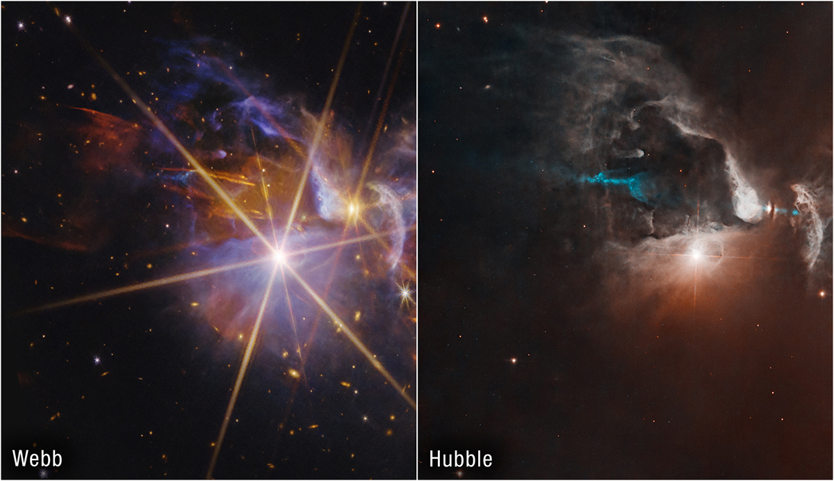 A comparison between the observations of FS Tau by NASA’s Hubble and James Webb space telescopes. Hubble’s visible-light view shows the star-forming region mostly obscured by thick dust. JWST sees through the dust, revealing how the protostars are shaping their surroundings. Credit: NASA, ESA, CSA, STScI; Image Processing: Alyssa Pagan (STScI)