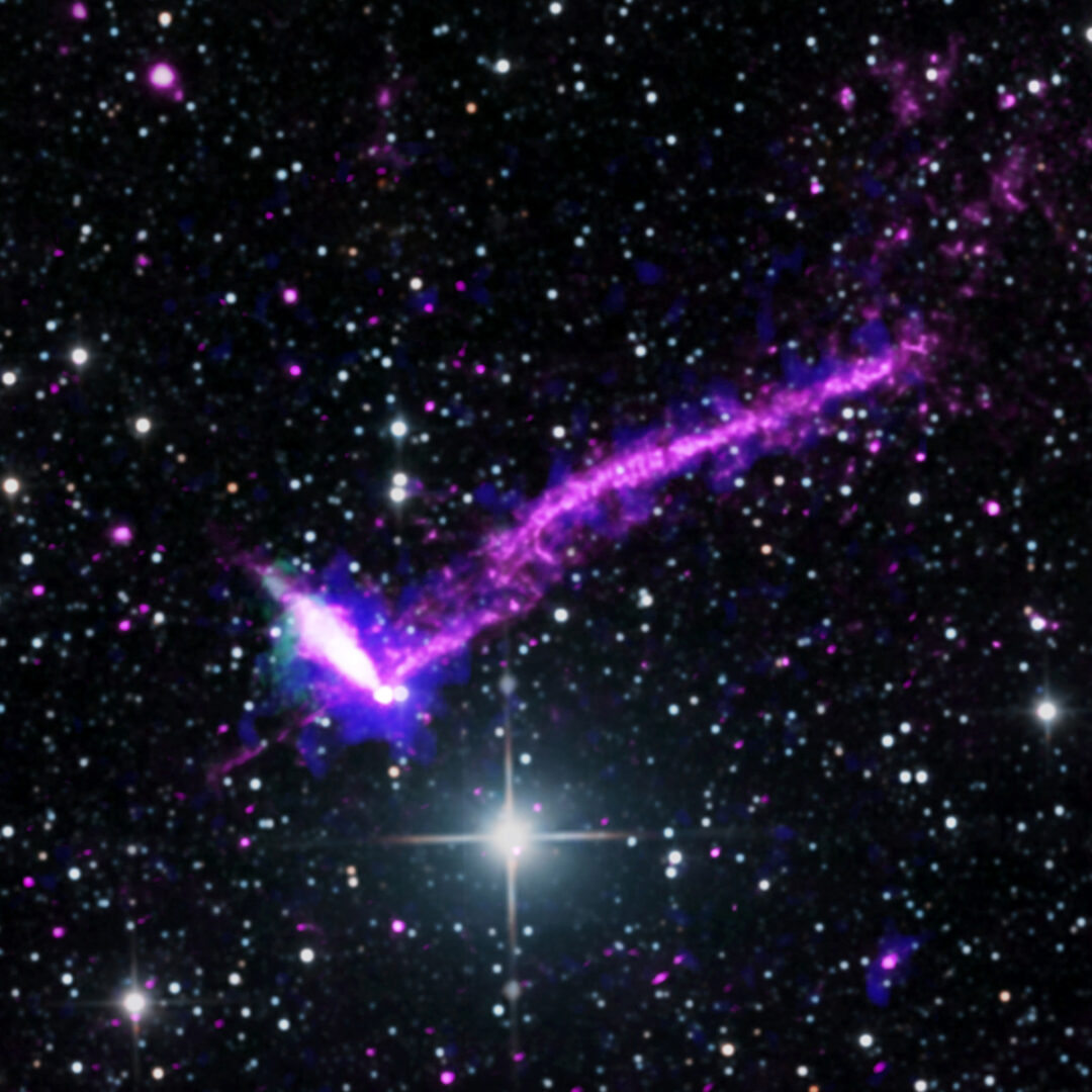 A close-up (cropped) view of the Lighthouse Nebula. Credit: X-ray: Chandra: NASA/CXC/Stanford Univ./J. Dinsmore et al.; IXPE: NASA/MSFC/J. Dinsmore et al., Radio: CSIRO/ATNF/ATCA; Optical: 2MASS/UMass/IPAC-Caltech/NASA/NSF; Image processing: NASA/CXC/SAO/L. Frattare
