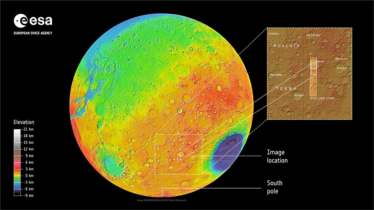 Location of Kaiser Crater on Mars. Credit: NASA/USGS; ESA/DLR/FU Berlin