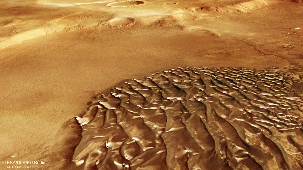 Bird’s-eye view of wind-blown dunes in Mars’s Kaiser Crater. Credit: ESA/DLR/FU Berlin