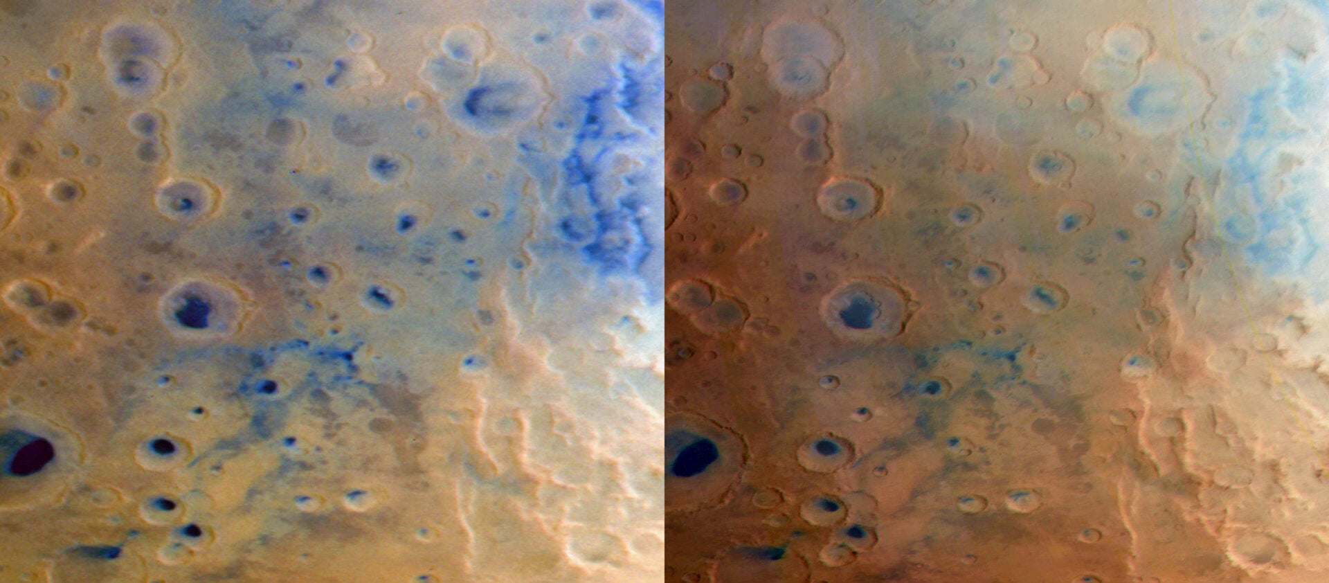 A side-by-side comparison of the Noachis Terra region on Mars captured by NASA's Psyche (left) and ESA's Mars Express. Credit: Mars Express image: ESA/DLR/FU Berlin ; Psyche image: NASA/JPL-Caltech/ASU