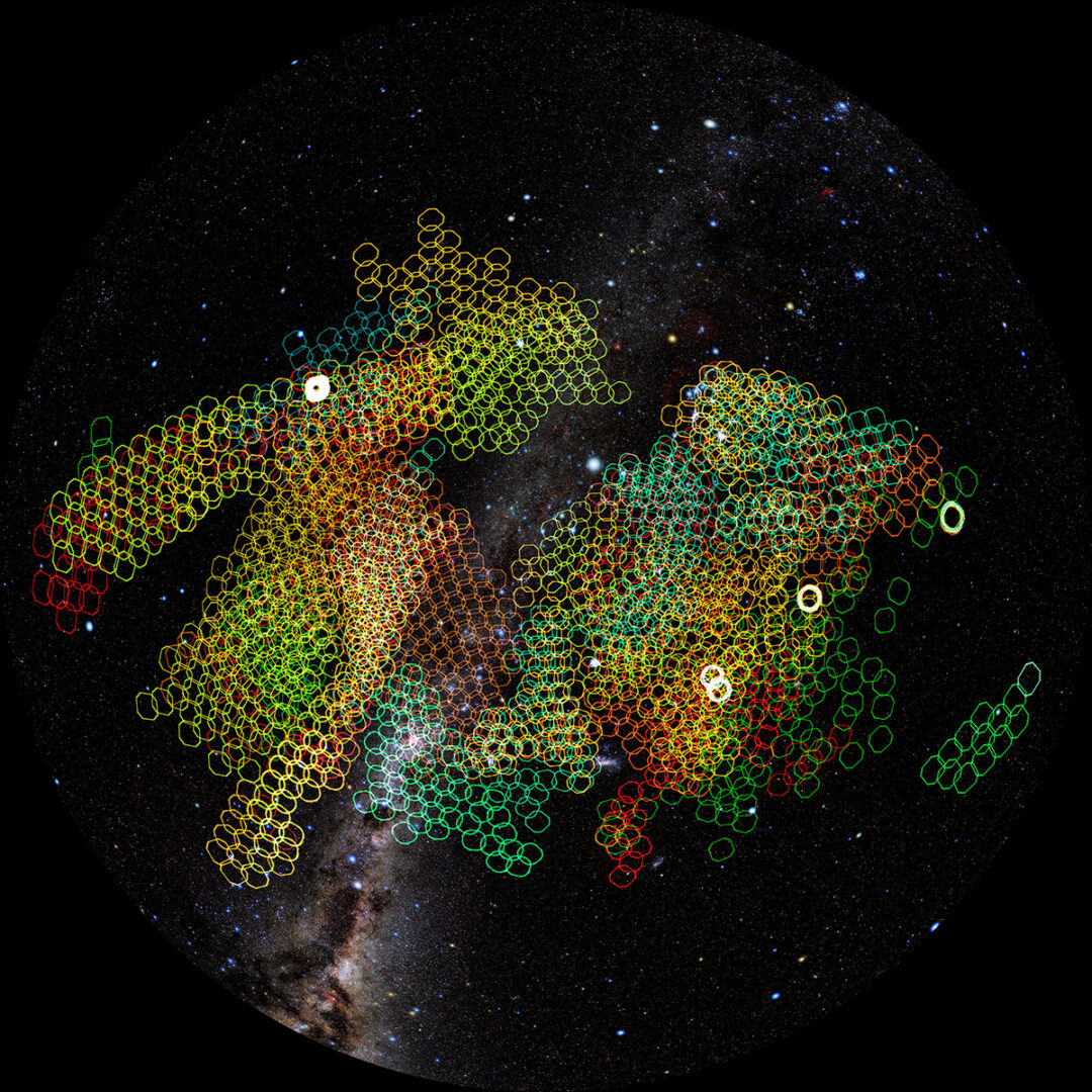 This map shows a representative week of Rubin Observatory observations for the Legacy Survey of Space and Time. The color of the tile represents the filter used for each exposure (u, g, r, i, z, and y), revealing how Rubin rapidly builds a multicolor map of the Universe. Credit: NSF–DOE Vera C. Rubin Observatory/NOIRLab/SLAC/AURA