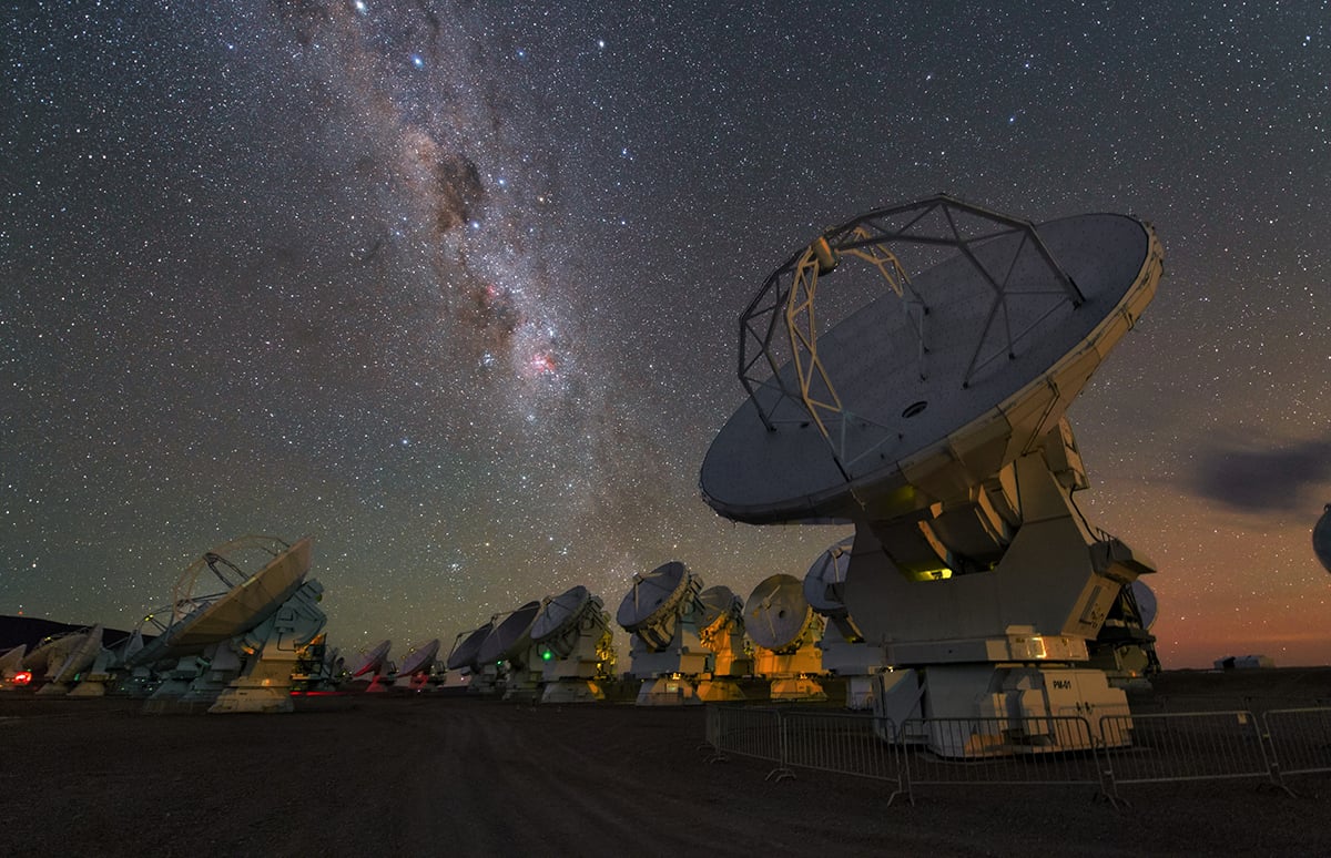 A whole group of ALMA antennas while they are observing the night sky. Credit: ESO/Y. Beletsky